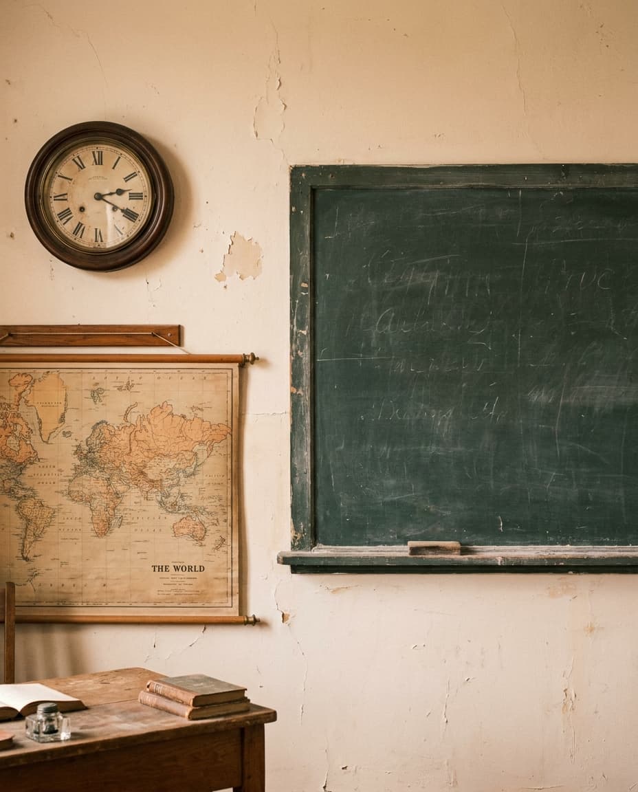 Historische Details des Schulhauses — Tafel, Uhr und alte Landkarte